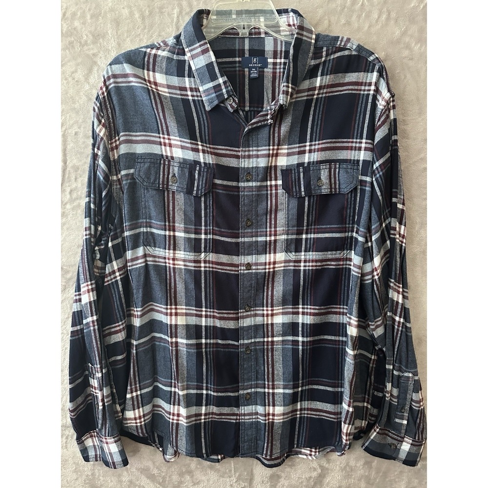 George Mens 3XL Plaid Flannel Shirt Blue Burgundy Button‎ Front Heavy Casual